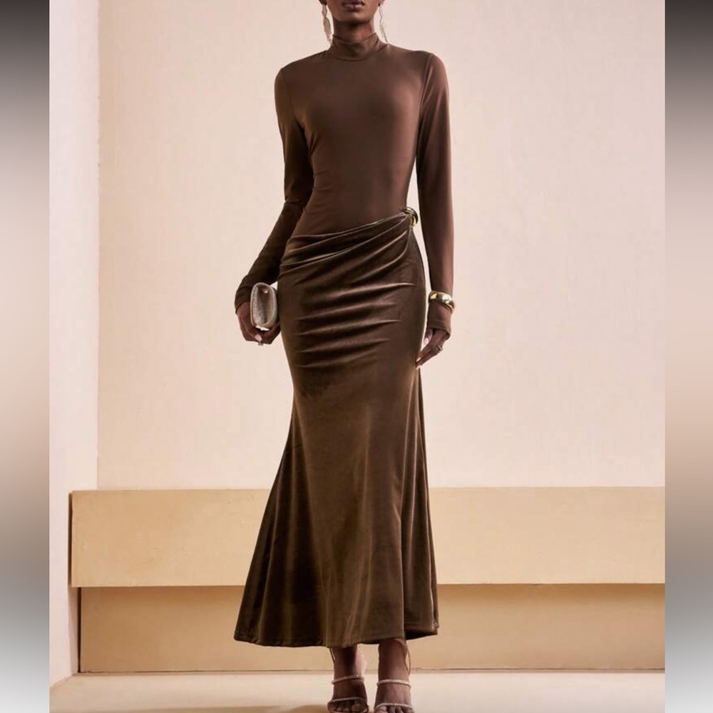 Brown velvet contrast drop waist midi fitted dress asymmetrical bodycon dress - Picture 1 of 6